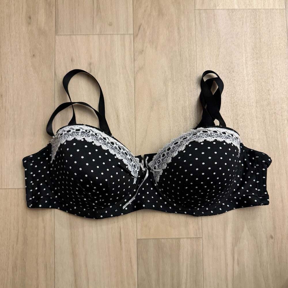 Lady Q Black and White Polka Dot Underwire Bra with Lace Trim, Size 40G